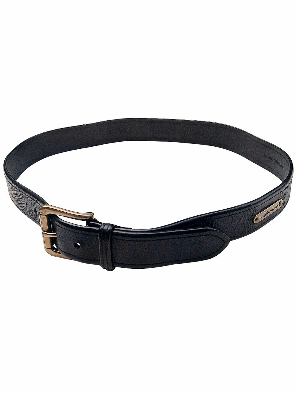 POLO RALPH LAUREN Black Leather Belt w/Brass Roller Buckle & Logo Plaque Sz 34